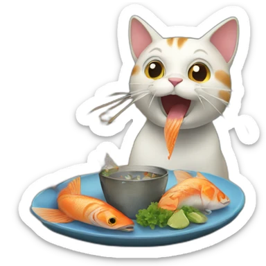 Cat eating a fish around a place with fire sticker