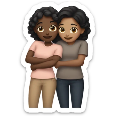 Three friends hugging each other warmly. One friend has fair skin and straight black hair, another has dark skin with black hair styled in a low bun, and the third has tan skin with wavy black hair.” sticker