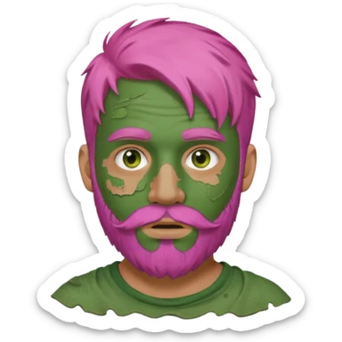 pink haired man with full full face dirty messy green clay mask and beard sticker