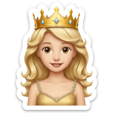 Cheerful blonde princess with wavy hair and light gold dress, wearing crown sticker