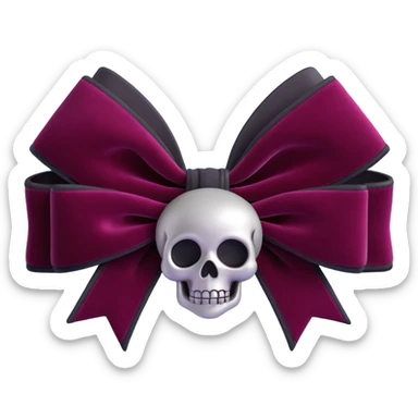 3D emoji gothic bow, deep burgundy velvet, silver skull charm, black rose center, lush and gothic sticker