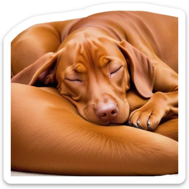 Meme-Worthy Cute Sleeping Vizsla Portrait Emoji, Head resting peacefully with a contented smile, showcasing a sleek, athletic build and a luxuriously soft rust and gold Fur, eyes shut in a serene nap, Simplified yet hilariously adorable features, highly detailed, glowing with a soft, drowsy light, high shine, relaxed and utterly lovable, stylized with an air of playful laziness, bright and heartwarming, soft glowing outline, capturing the essence of a comically sleepy companion, so meme-worthy it feels like it could instantly become the next viral sensation of adorable slumber! sticker