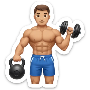 buff man with blue shorts holding kettlebell sticker