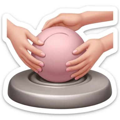 two hands kneading a pink ball of clay over a silver pottery wheel without the clay touching the wheel sticker