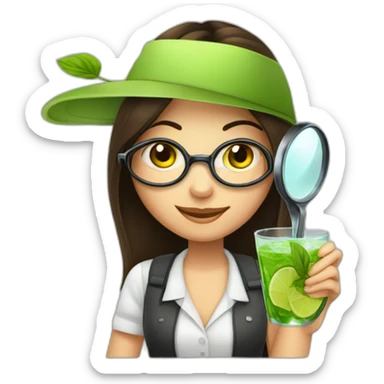 brunette girl with magnifying glass and mojito sticker