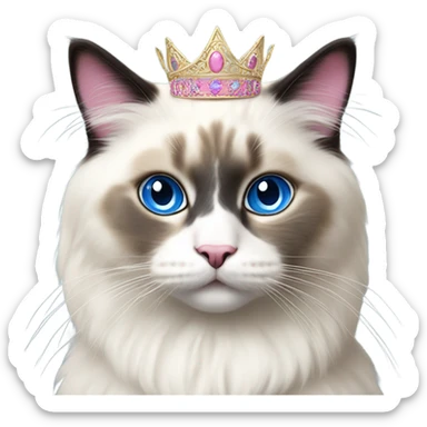 Realistic ragdoll cat with blue eyes and Dark markings wearing pink and gold tiara sticker