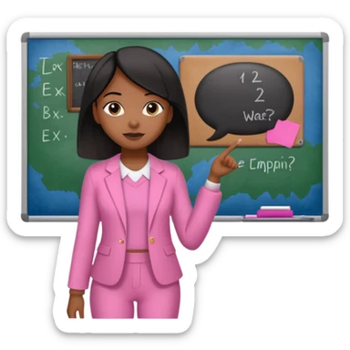 a brown skin teachers with hair that stop at elbpws girl with black straight like hair wearing pink not hot pink 2 piece set teaching up on a board sticker