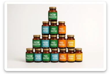 montagna di barattoli di integratori tipo "ENZIMI DIGESTIVI", "PREBIOTICI", "PROBIOTICI", "BERBERINA" con etichette in italiano sticker