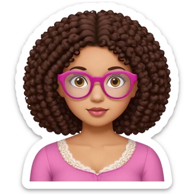 medium-light kinned afro-latina girl with medium length chocolate brown side part curly hair, brown eyes, pink sweetheart necklined top with lace, round wide-ish nose, chubby oblong shaped face, brown glasses sticker