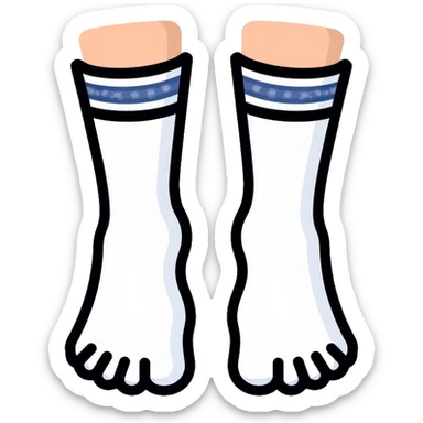 bottom view of feet wearing white athletic socks showing soles with texture pattern sticker