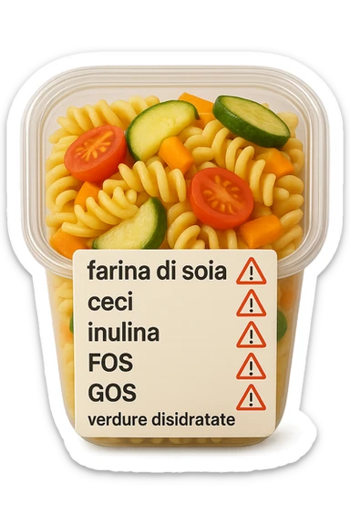 SU QUESTO STILE FAI UN EMOJI STILE IPHONE 3D DI UN insalata di pasta precotta preconfezionata con ETICHETTA CON GLI INGREDIENTI SCRITTI, "farina di soia, ceci, inulina, FOS, GOS, verdure disidratate" accanto ad ogni nome scritto mettici un segnale di allarme, FALLO MOLTO REALISTICO IN 3D sticker