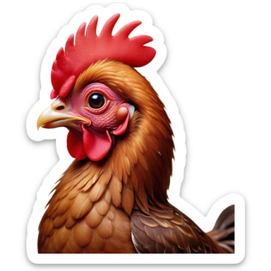 Cinematic Cute Brown Chicken Portrait Emoji, Head tilted playfully and inquisitively, featuring a lustrous brown feathered coat with a natural sheen and a subtle red comb, round, sparkling beady eyes filled with curiosity, Simplified yet irresistibly adorable features, highly detailed, glowing with a warm, friendly glow, high shine, affectionate and lively, stylized with a touch of country charm, bright and endearing, soft glowing outline, capturing the essence of a mischievous yet loving chicken, so playful it feels like it could peck out of the screen and into your arms! sticker