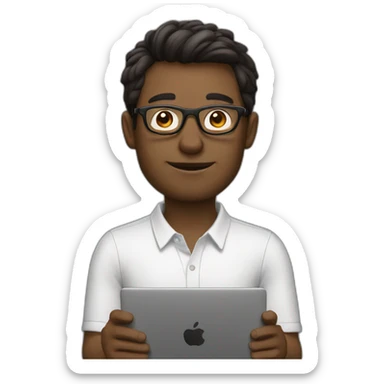 man with laptop in front, round glasses, dark brown hair sticker