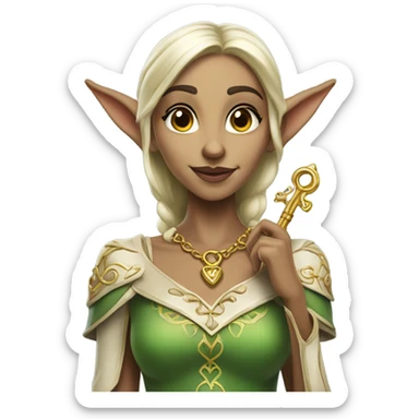 an elf woman login holding a big key sticker