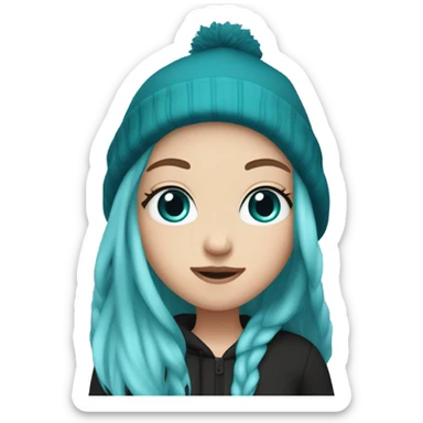 White girl, blue eyes, long teal hair, purple beanie hat, black hoodie, blue jeans, black shoes sticker