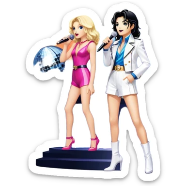 Pop music icon: vibrant stage with bright lights, microphone, synthesizer, disco ball. Collage of famous pop artists—Michael Jackson, Madonna, Britney Spears, and Taylor Swift—symbolizing iconic eras. Energetic and dynamic. Transparent background. sticker