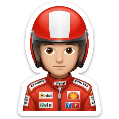 Man, brown eyes, brown silky hair, lightly tanned, wearing a formula one outfit sticker