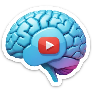 3D icon design, brain with YouTube play button symbol integrated into brain structure, glassmorphism style, soft shadows, gradient colors, modern app icon aesthetic, isometric view sticker