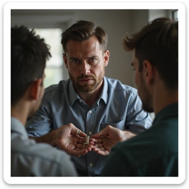 Man showing a small bandage or minor wound to several people, dramatic expression, seeking others' reactions, work or home environment, hyperrealistic 4K details sticker