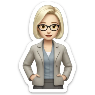 full height pale skin woman with cold blonde straight hair, care haircut, White blouse, Gray oversize jacket, Gray skirt and glasses in a thin rim holding a color palette in the hands sticker