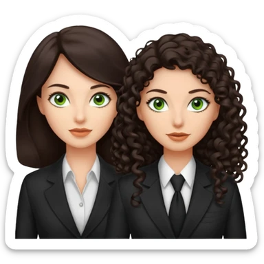 Two besties as agents, 1: long ironed straight darkbrown hair, green eyes, 2: long curly darkbrown hair, brown eyes  sticker