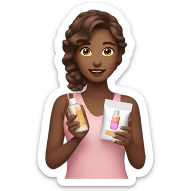 brown-haired girl holding cosmetic products in her hands sticker