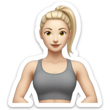 Pale skinned fit woman In a gray tight yoga suit With ash blonde hair in a ponytail doing yoga sticker