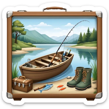 Icon for Fishing: a boat on the shore of a peaceful water body with a beautiful natural landscape, a fishing tackle box, a spinning rod, and boots nearby. The icon should capture the tranquility and gear of a fishing adventure. Transparent background. sticker