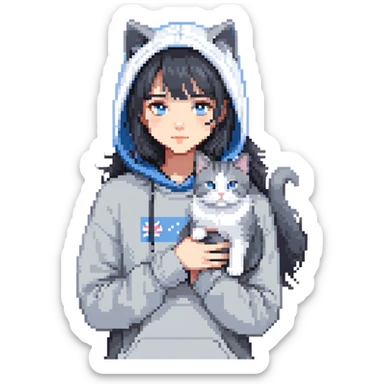 Girl with black hair in gray hoodie with a British shorthair blue and white cat and a long-haired blue and white cat sticker