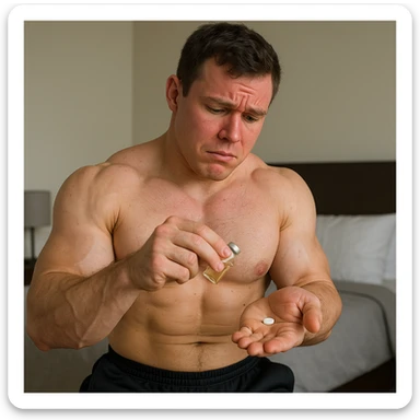 realistic inexperienced bodybuilder pouring vial of testosterone and pill of aromatase inhibitor in hand, uncertain expression, swollen muscles but red face, bedroom background, 4K quality sticker