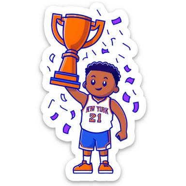 New York Knicks basketball player celebrating with NBA championship trophy, confetti, blue and orange sticker