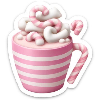 A light pink hot chocolate cup with little marshmallows in and a pink and white candy cane  sticker