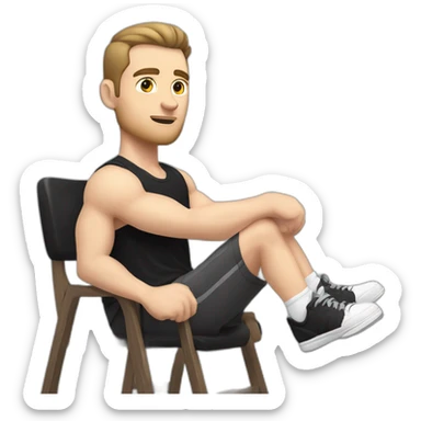 Pale skinned Fit Man With the biceps and dark brown hair in black shirt, gray sports shorts and white Sneakers Sitting on a chair sticker