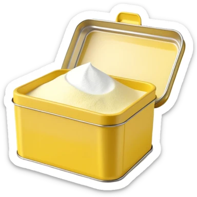 small tin or box of cornstarch with simple lid, partially open to show fine white powder inside, clean minimal yellow or neutral container, no branding, no spoon, no faces, clean 3D style, soft lighting, transparent background, emoji scale sticker