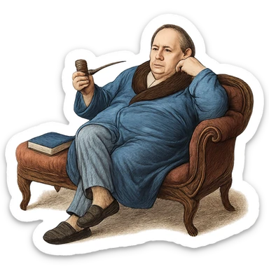 Герой Обломова в слегка рисованном, но при этом реалистичном и объемный стиле,  со слегка растерянным видом в дорогом халате развалился на дорогой кушетке 19 века, прозрачный фон sticker