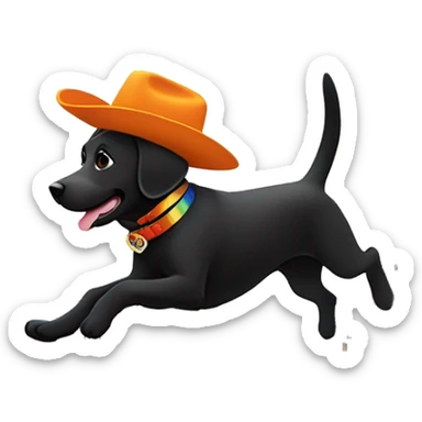 disney pixar smiling black labrador with brown cowboy hat and orange collar with a rainbow with Corricella in Procida near Naples background jumping sticker