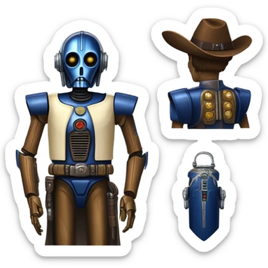 human-sized darkblue-pearl friendly bounty hunter c3po droid wearing a leather wild west duster. backpack, saddlebags holding light saber ready to fight but relaxed. antique sticker
