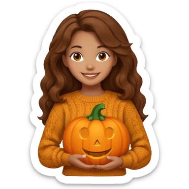 Cozy mixed girl with long wavy brown hair dressed for fall holding a pumpkin  sticker