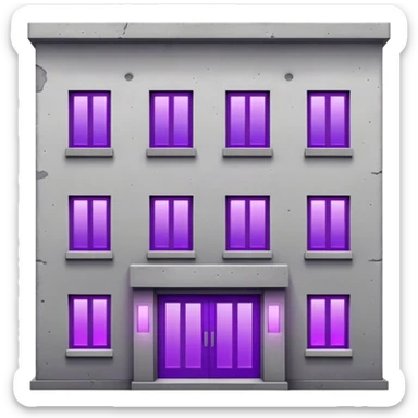 Small gray concrete apartment building with bright purple window glow, stark and simple sticker