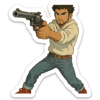 1 male, mid fade haircut dark chestnut brown curly hair, toasted lightskin, white hoodie sleeves up, fashion jeans, red fashion-sneakers shoes, red belt, short trimmed beard and goatee,  style of deku from "my hero academia", drawing a magnum revolver like dirty harry sticker
