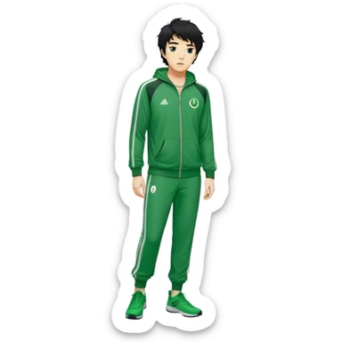 Seong Gi-hun : age 60, A tall, slim man with messy, unkempt black hair, Green player tracksuit,  sticker