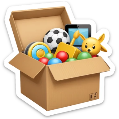 cardboard box with toys, rc, books, CD, realistic sticker
