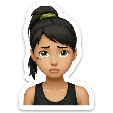 a tan girl with a black ponytail, black tank top, . Looking sad sticker