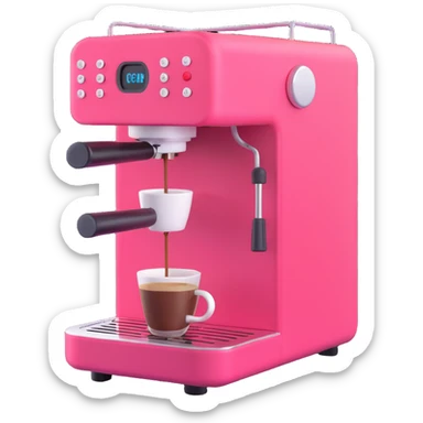 A pink coffee machine with a cup of coffee sticker