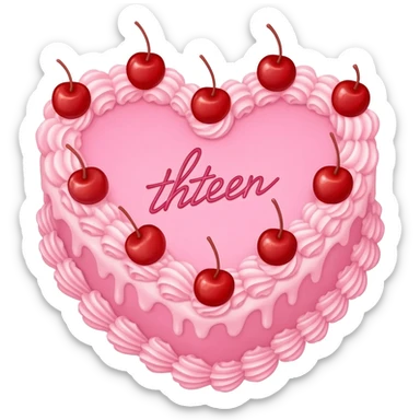 pink vintage heart cake with red cherries on top and thirteen written in cursive in the middle sticker