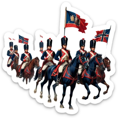 A vintage movie poster-style design depicting a dramatic Napoleonic War scene. Include soldiers in period uniforms, cannons, and a battlefield with flags and horses. The background should evoke a sense of battle and history, with old-fashioned cinematic flair. Transparent background. sticker