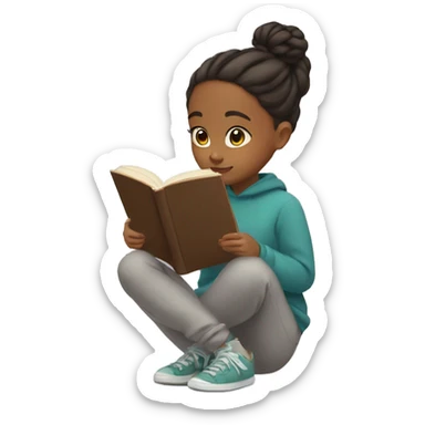 Girl with bun and in sweatshirt and sweatpants reading a book sticker