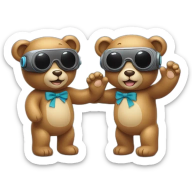 Two teddy bears holding hands while wearing VR goggles  sticker