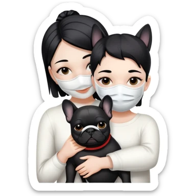 girl with short black straight hair and wearing a white mask and hugging a black French bulldog sticker
