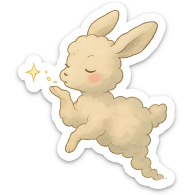 vanilla cloud doe with rosy cheeks, floating in the air, blowing a sparkling kiss, soft ghibli style sticker